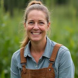 Jane Cooper, Store Manager, smiling in a farm setting