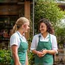 Friendly farm store staff advising customers outdoors