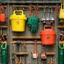 Agricultural equipment and gardening tools neatly arranged in store