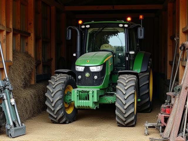 Agricultural equipment including tractor attachments and maintenance kits in a barn setting