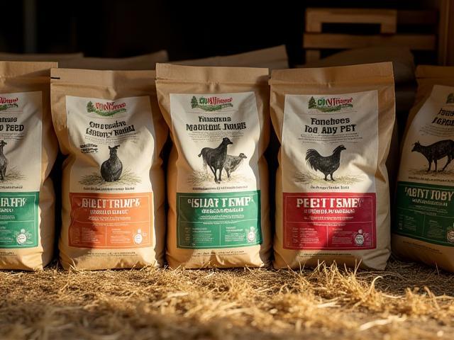 Various animal feed bags for livestock, poultry, pets, including organic options