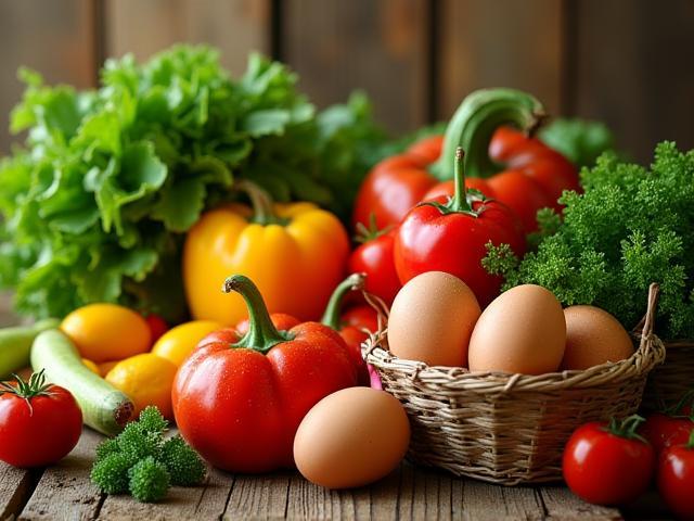Fresh assortment of farm produce vegetables, fruits, eggs, and dairy