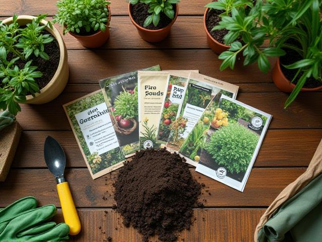 Gardening supplies including seeds, tools, and soils arranged neatly on wooden table