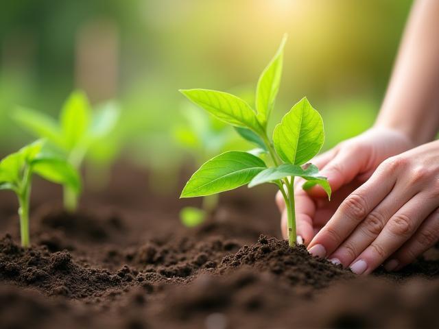 Hands planting broad bean seedlings in Somerset garden soil