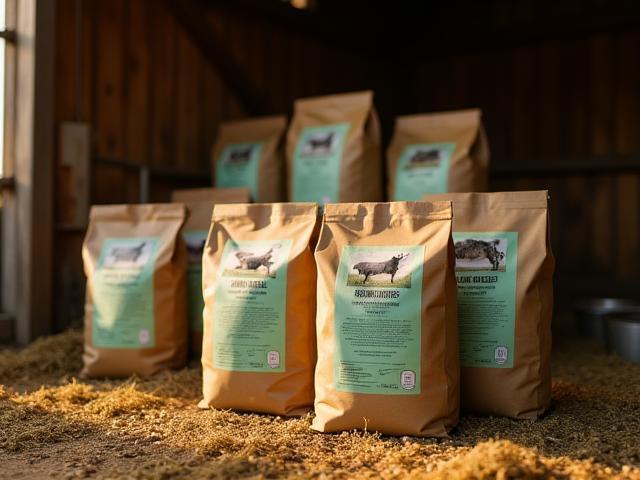 Bags of nutritionally balanced animal feed for livestock and pets