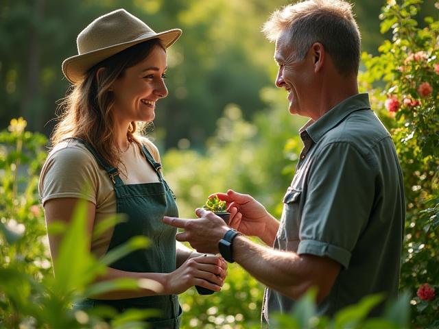 Gardener providing seasonal planting consultation outdoors